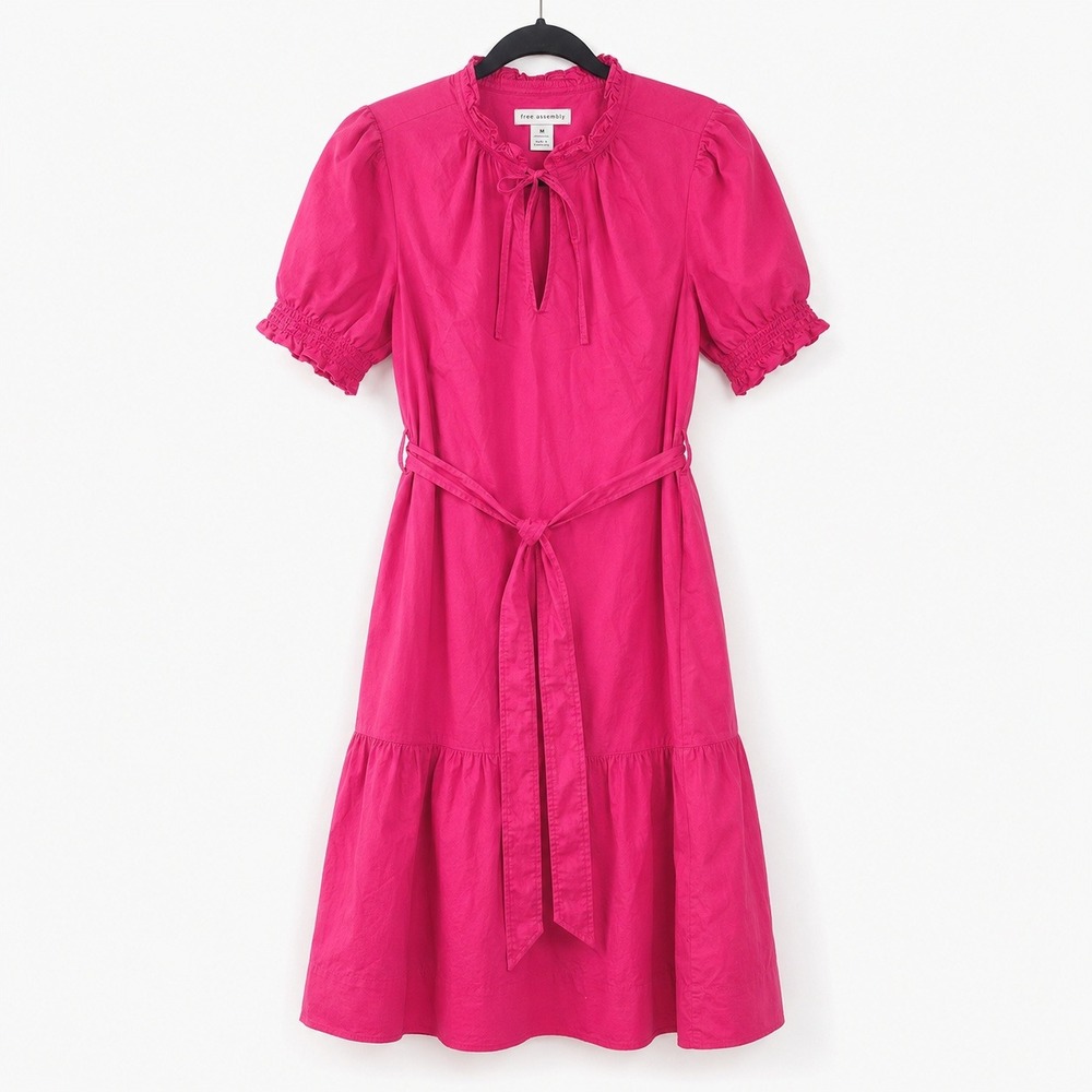 Free Assembly Pink Ruffle Neck Cotton Tiered Mini Dress Puff Sleeve Medium
